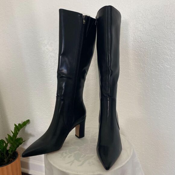 NEW 90s Style Black Faux Leather Smooth Pointy Knee High Heel Boots US 9.5 - Picture 4 of 8